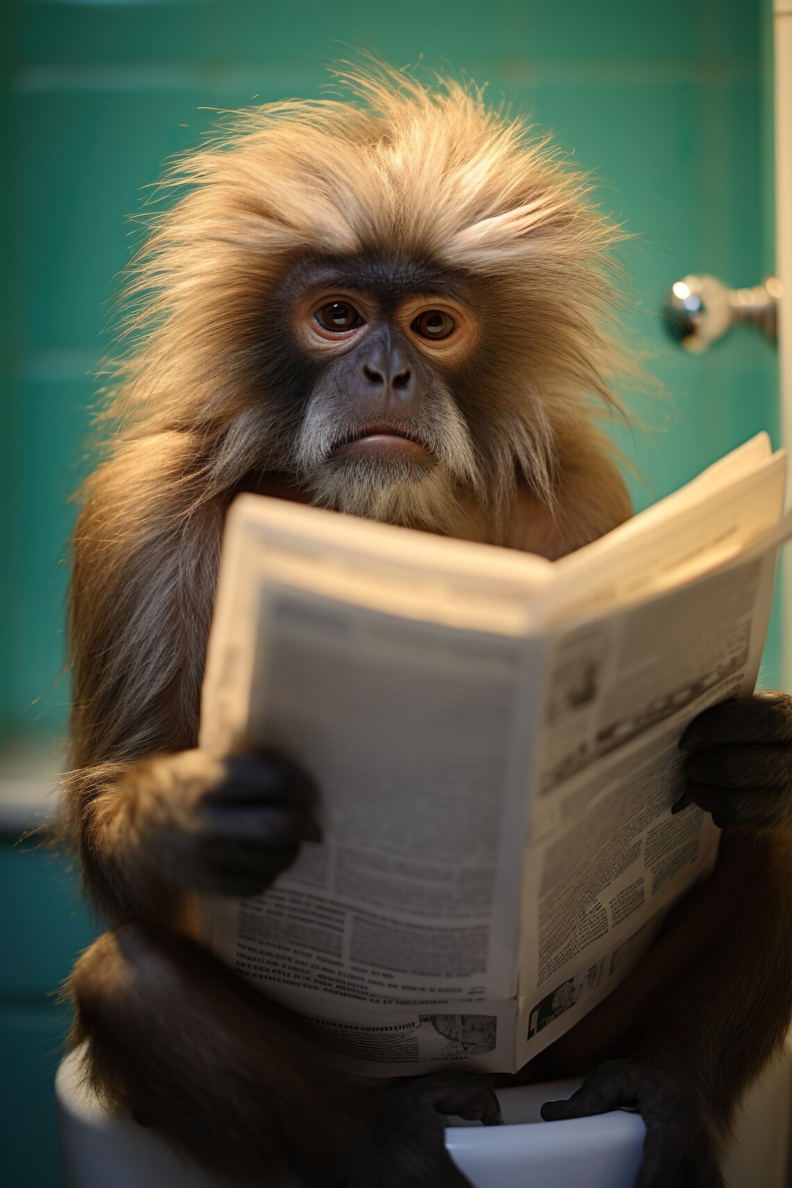 Funny Tamarin Monkey Reading Newspaper on Toilet Bathroom Poster