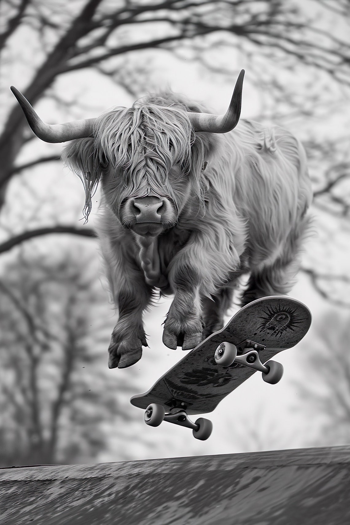 Highland Cow Skateboarding Funny Animal Wall Art Cow On Skateboard Funny Cow Photo Print Animal Photography Home Ai Art