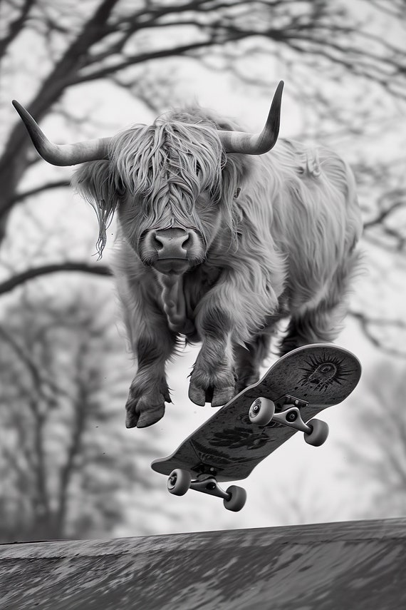 Highland Cow Skateboarding Funny Animal Wall Art Cow On Skateboard Funny Cow Photo Print Animal Photography Home Ai Art