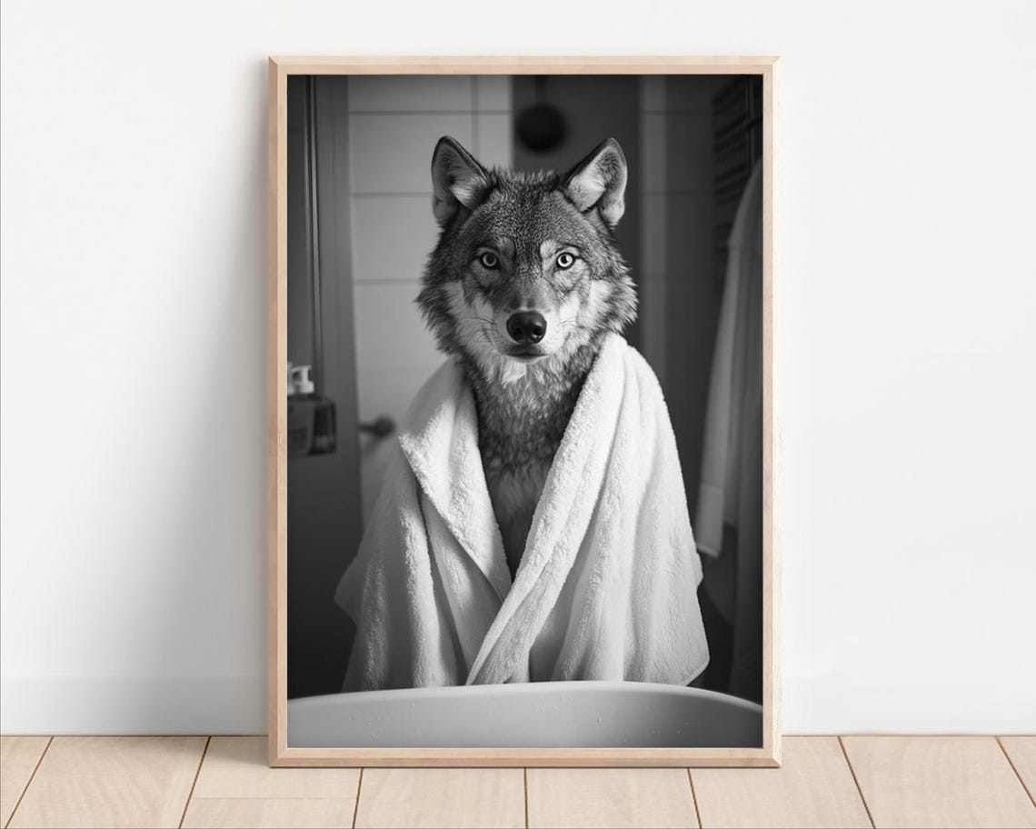 Gray Wolf Wrapped in Towel Black and White Funny Bathroom Wall Art