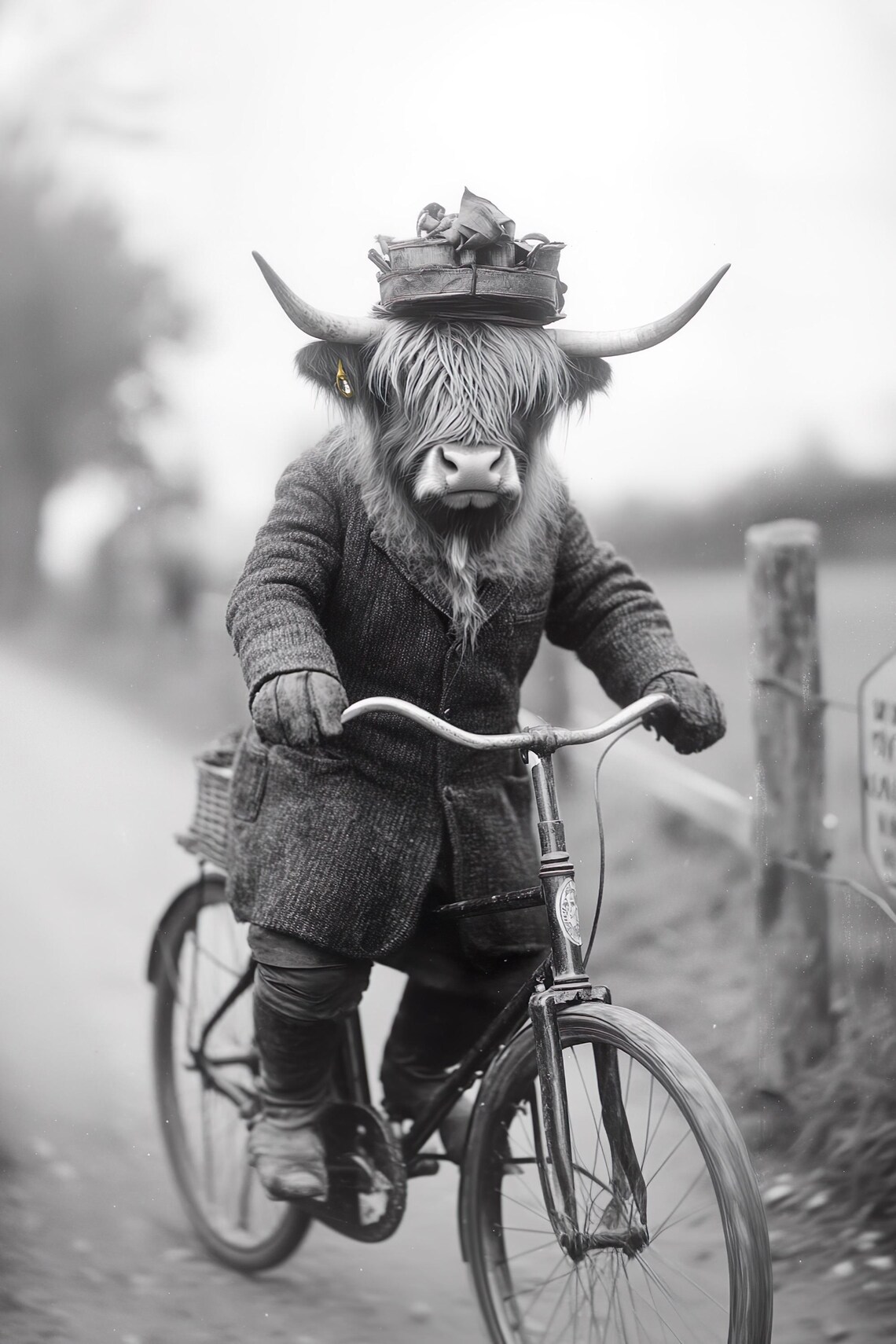 Highland Cow Riding Bicycle Country Road Sepia Vintage Poster