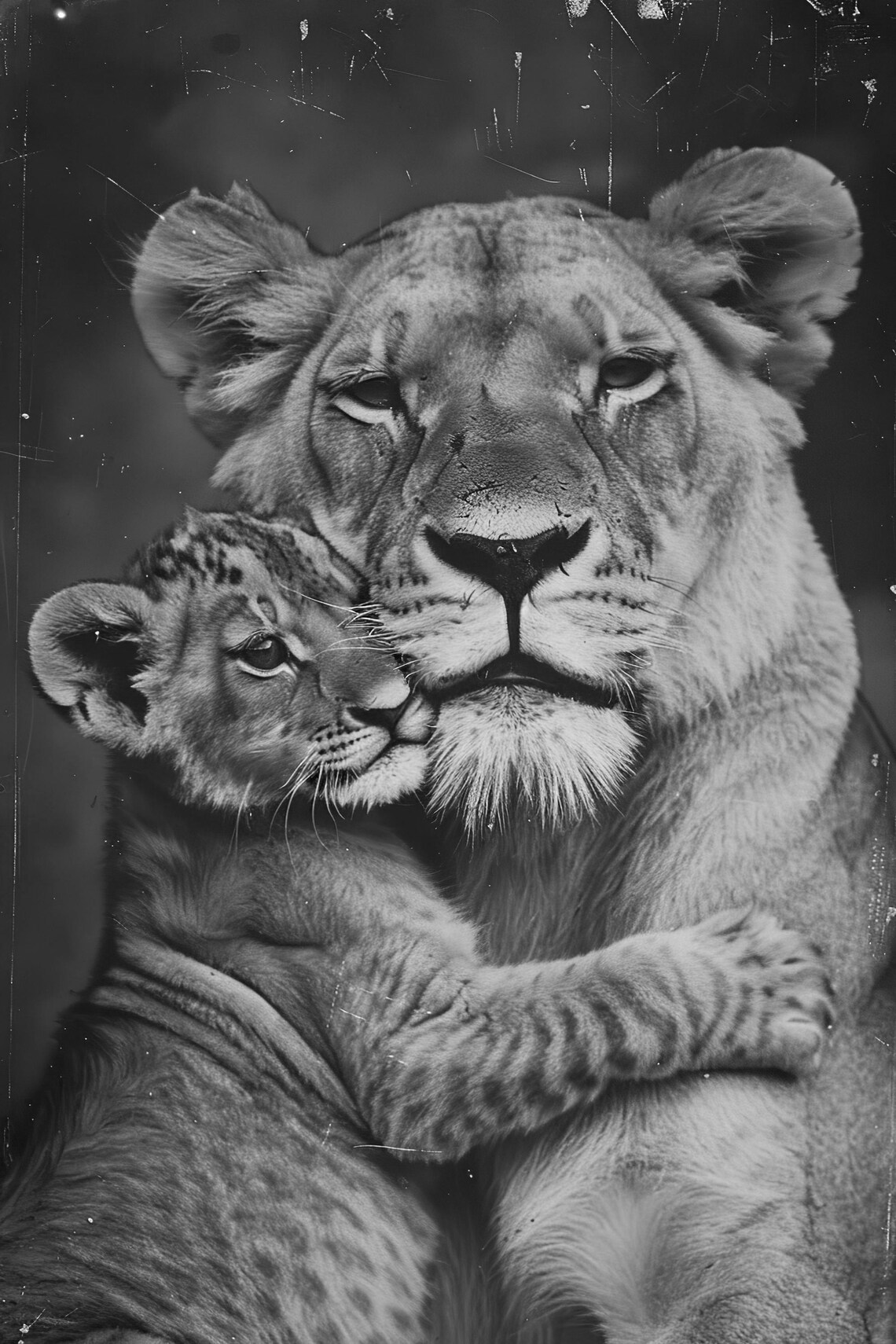 Lioness and Cub Cheek to Cheek Black and White Poster for Nursery Decor