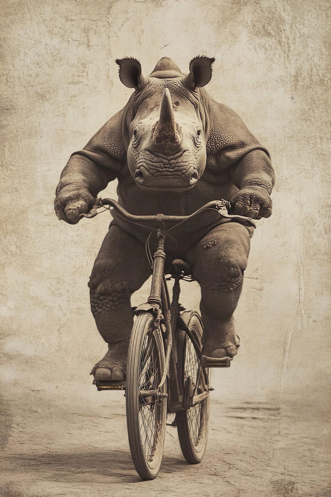 Rhino Riding A Bike Funny Animal Wall Art Rhino With Bicycle Funny Vintage Style Animal Photo Cute Retro Home Print Ai Art