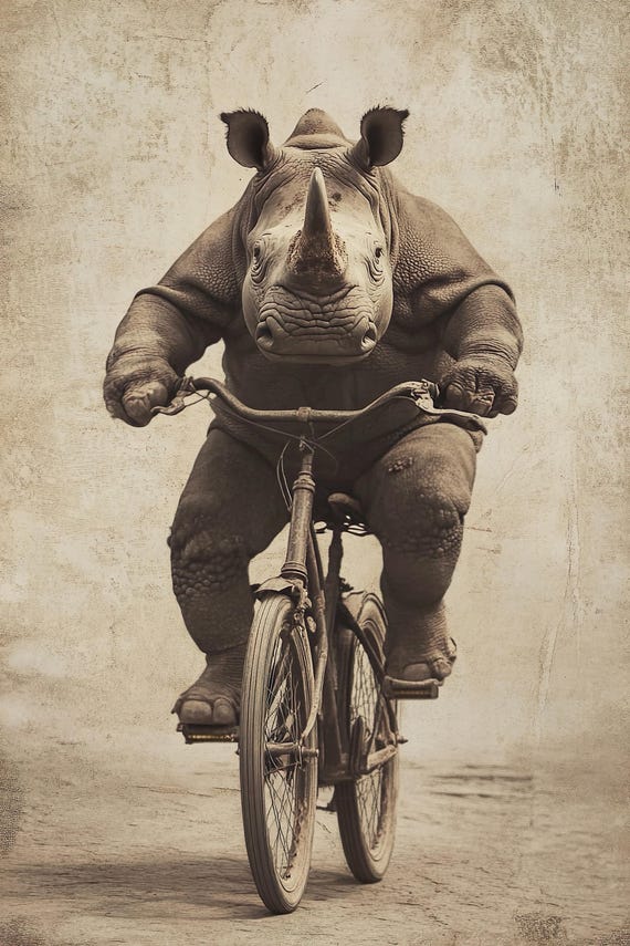 Rhino Riding A Bike Funny Animal Wall Art Rhino With Bicycle Funny Vintage Style Animal Photo Cute Retro Home Print Ai Art