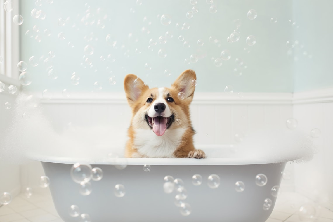 Corgi Pup in the Bathtub, Funny Bathroom Art Print