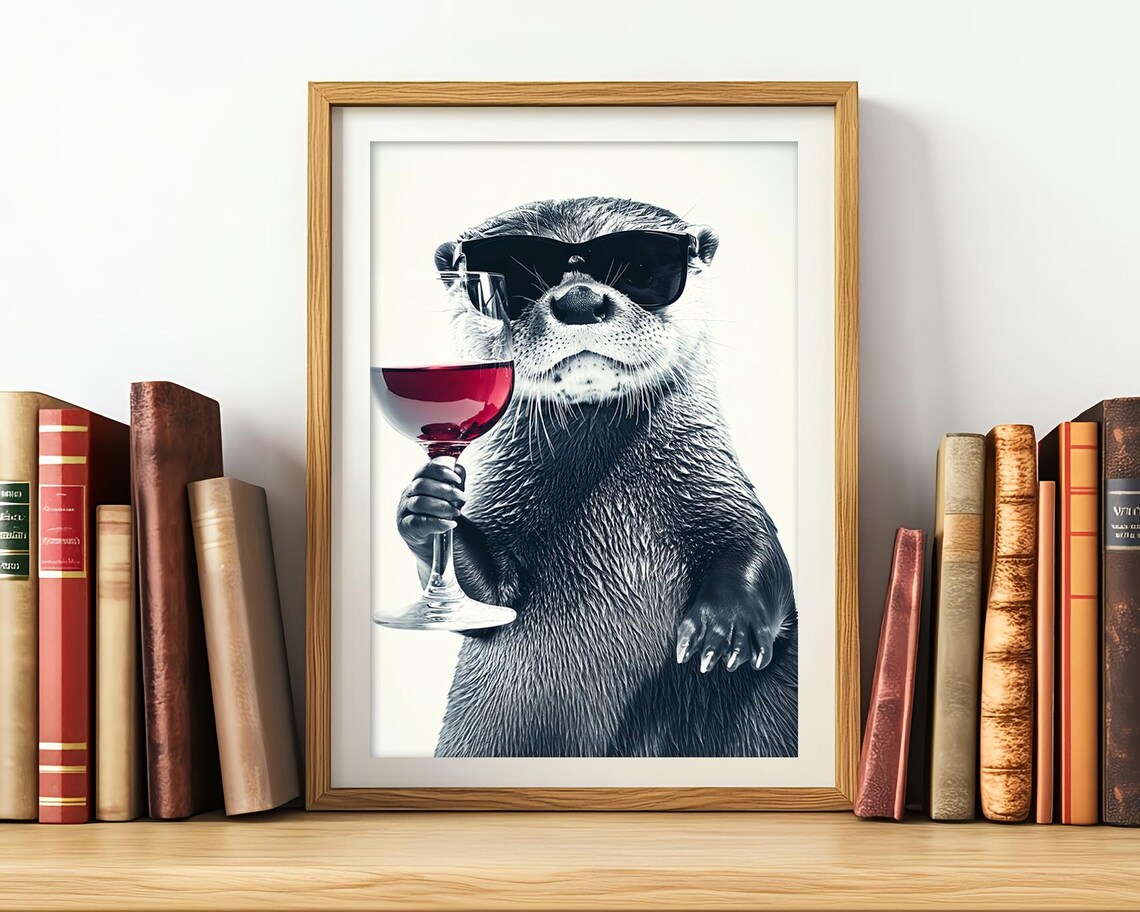 Otter With Sunglasses Holding Red Wine Glass Funny Kitchen Poster - Image 3