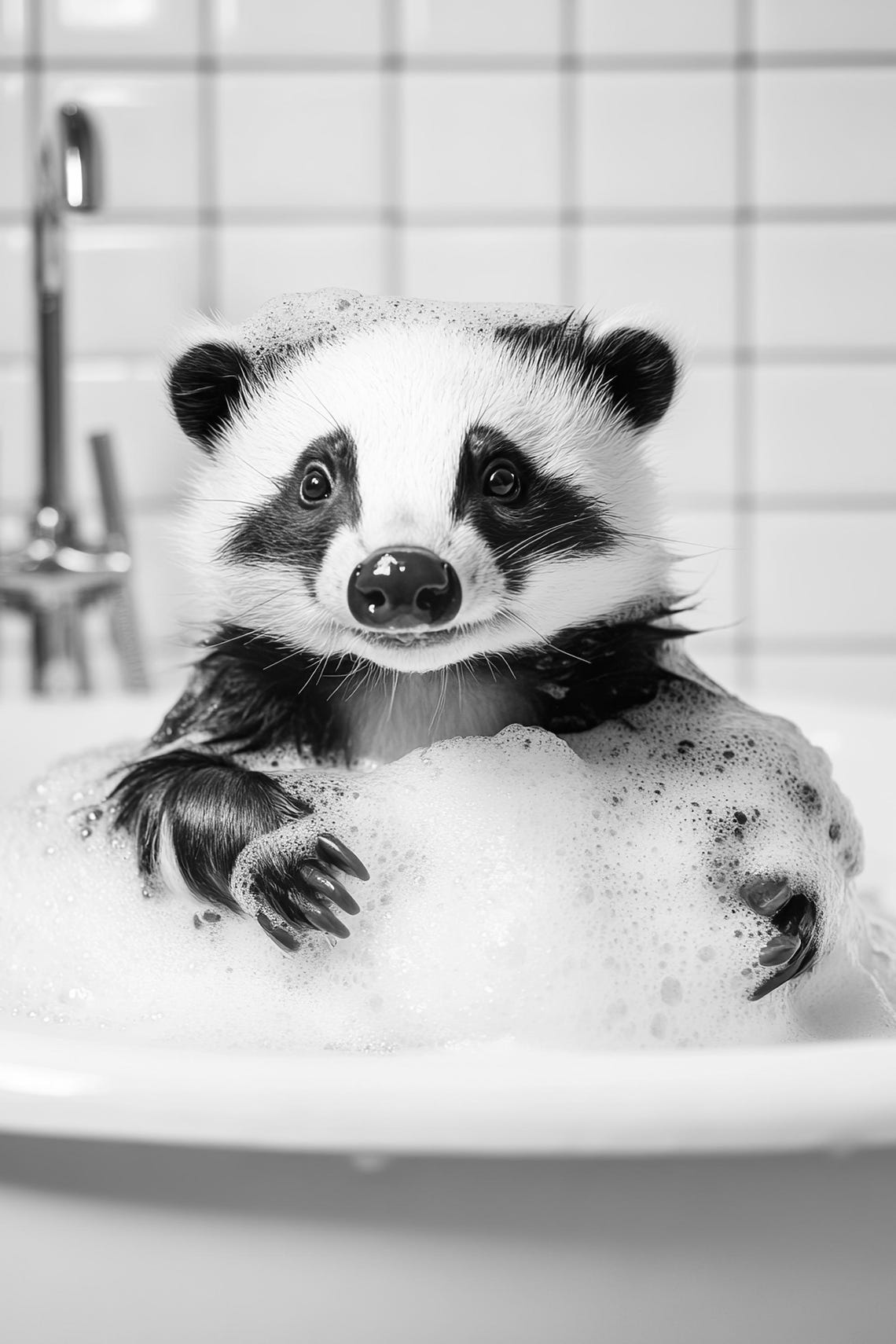 Cute Badger in Bubble Bath Black and White Funny Bathroom Poster - Image 2