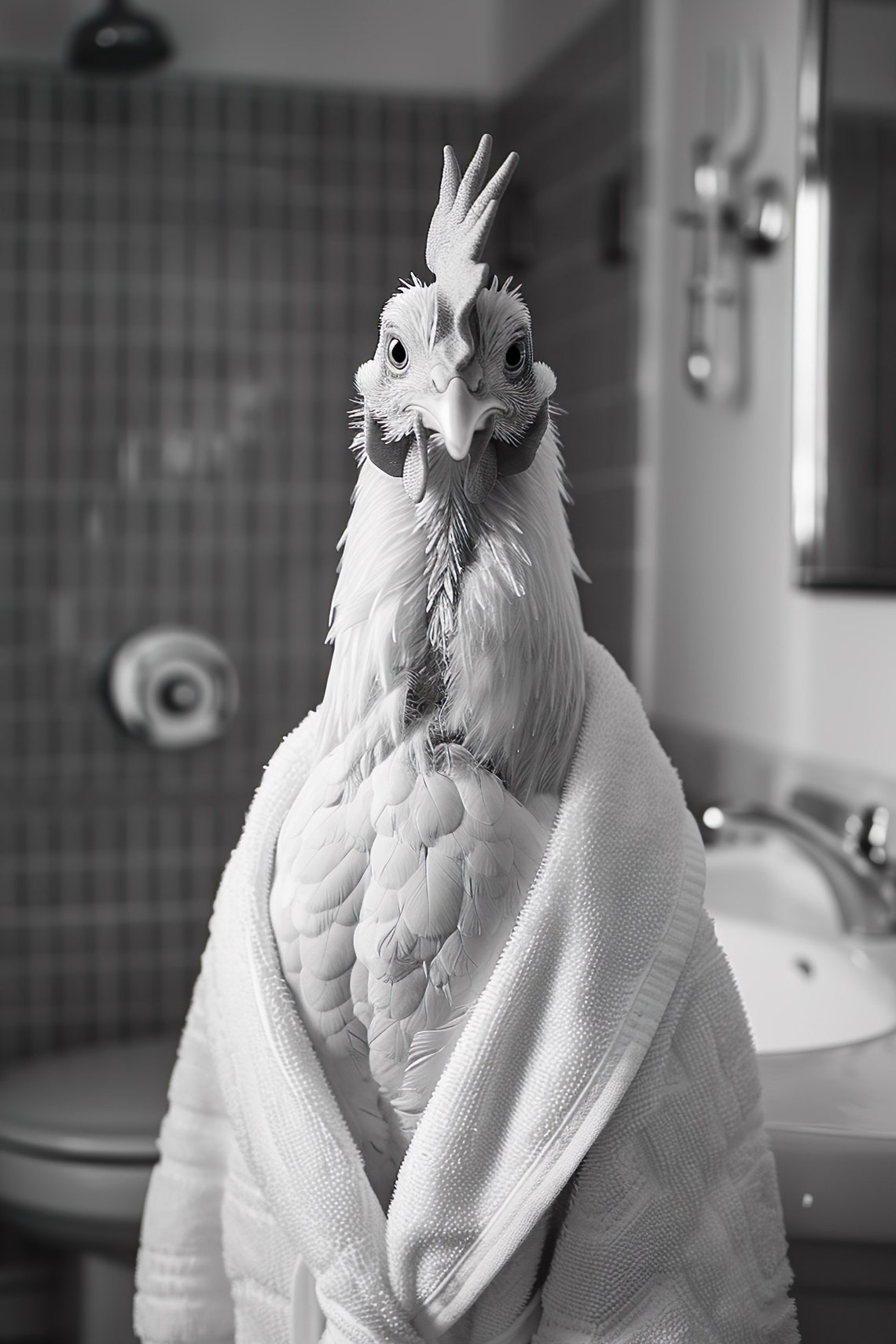 Chicken Wrapped in Towel Black and White Funny Bathroom Poster
