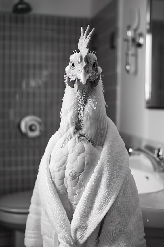 Chicken In A Bathrobe Funny Bathroom Wall Art Quirky Animal Art Funny Chicken In Bath Humor Print Home Ai Wall Art Prints