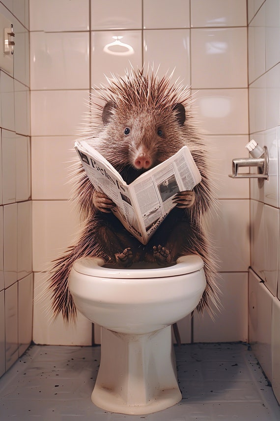 Porcupine Sitting On The Toilet Reading A Newspaper Funny Bathroom Humor Wall Decor Funny Animal Print Home Ai Print