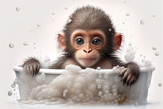 Cute Baby Monkey In The Bathtub Funny Animal Art Print