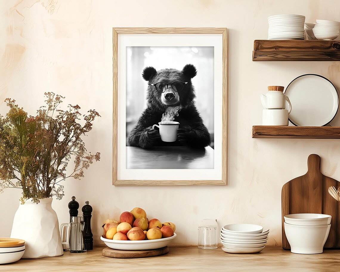Bear Drinking Coffee Vintage Style Kitchen Art Print - Image 2