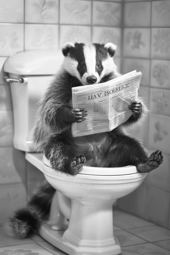 Badger Sitting On The Toilet Reading A Newspaper Funny Bathroom Wall Art Funny Vintage Style Animal Photo Animal Print Ai Art