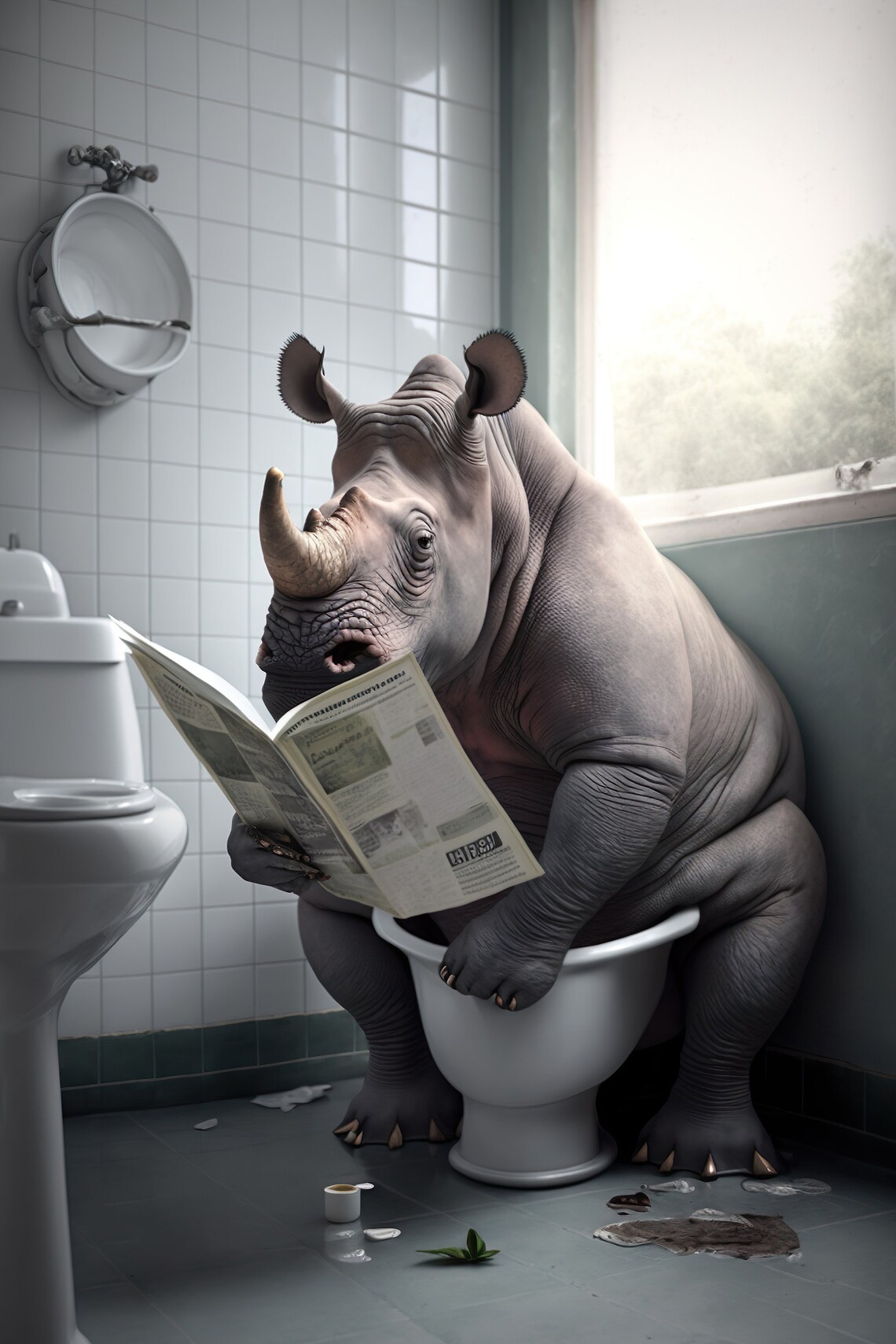 Rhino Sitting on the Toilet Reading Newspaper Art Print