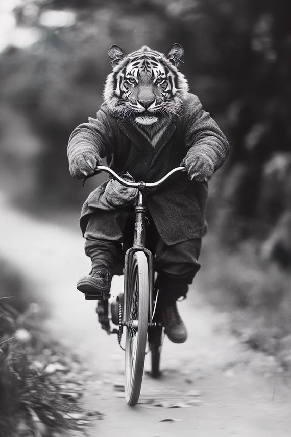 Tiger Riding A Bike Funny Animal Wall Art Tiger With Bicycle Funny Vintage Style Animal Photo Cute Retro Home Print Ai Art
