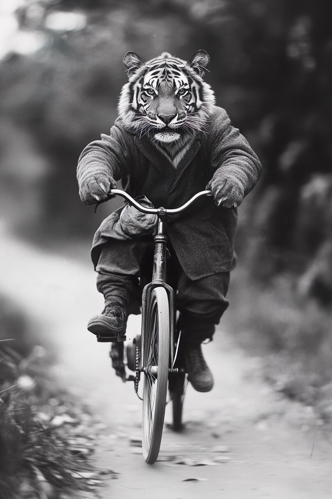 Tiger Riding A Bike Funny Animal Wall Art Tiger With Bicycle Funny Vintage Style Animal Photo Cute Retro Home Print Ai Art