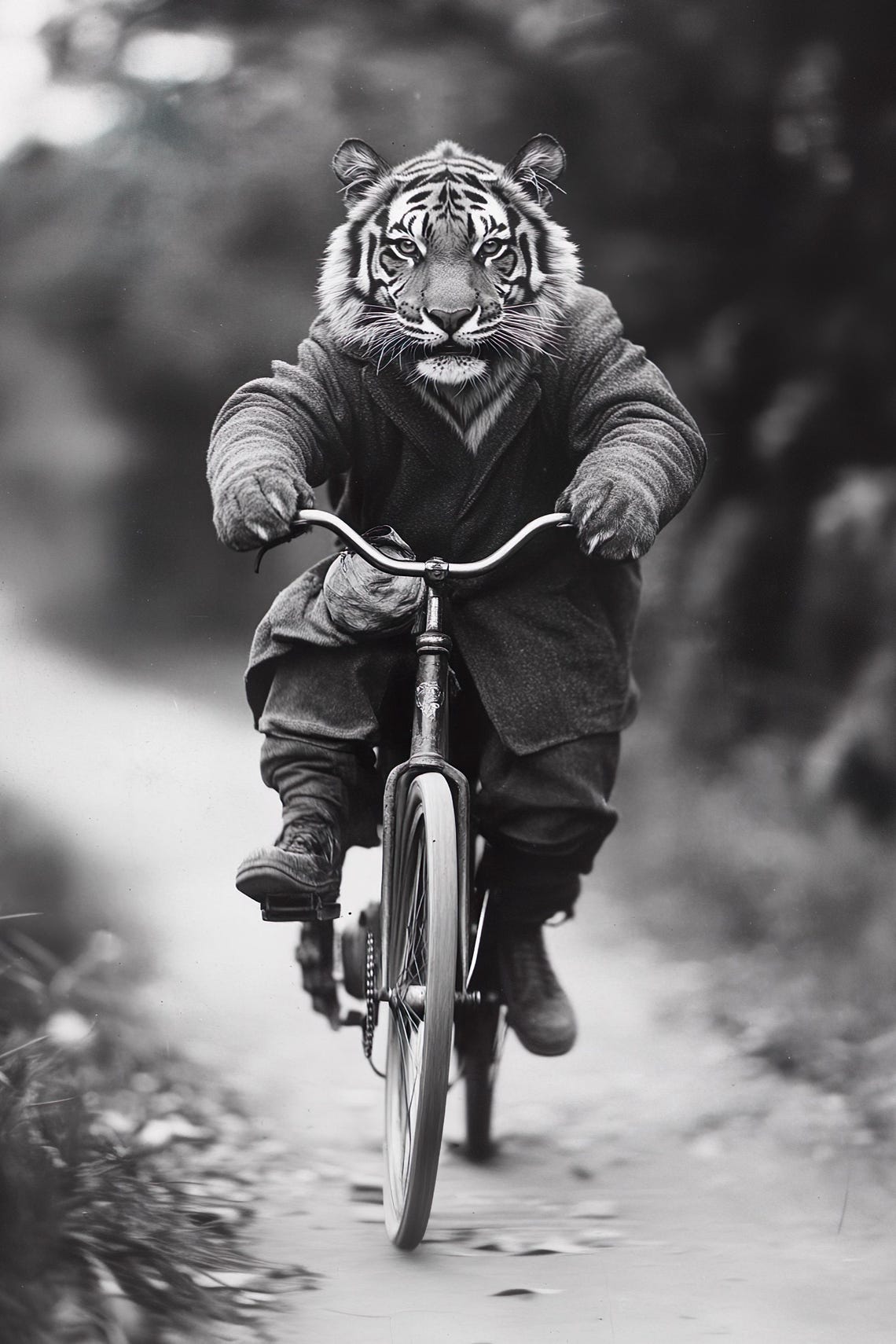 Tiger Riding Bicycle Funny Vintage Black And White Animal Poster