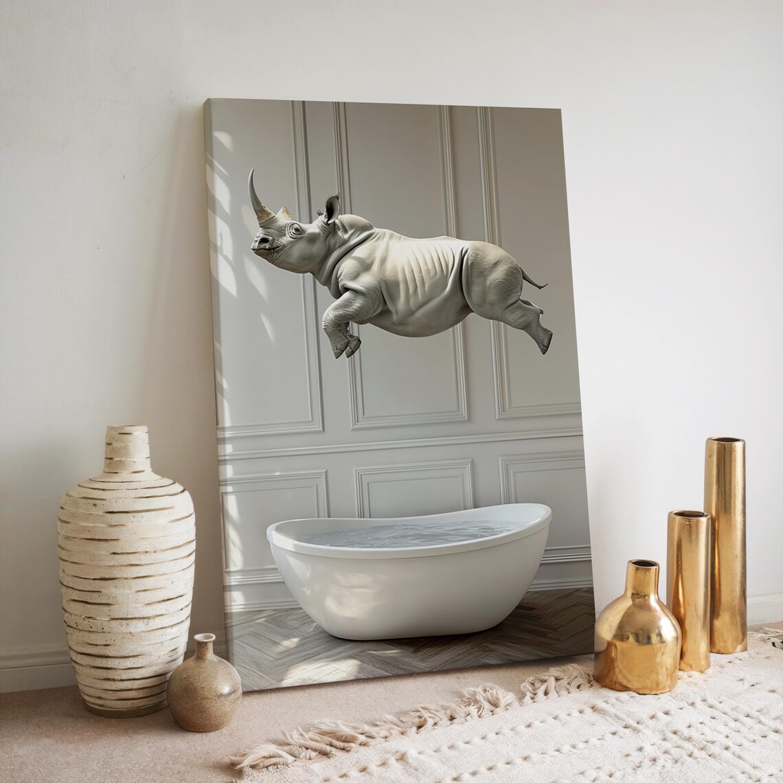 Rhino Jumping Into Bathtub Funny Bathroom Photography Poster - Image 2