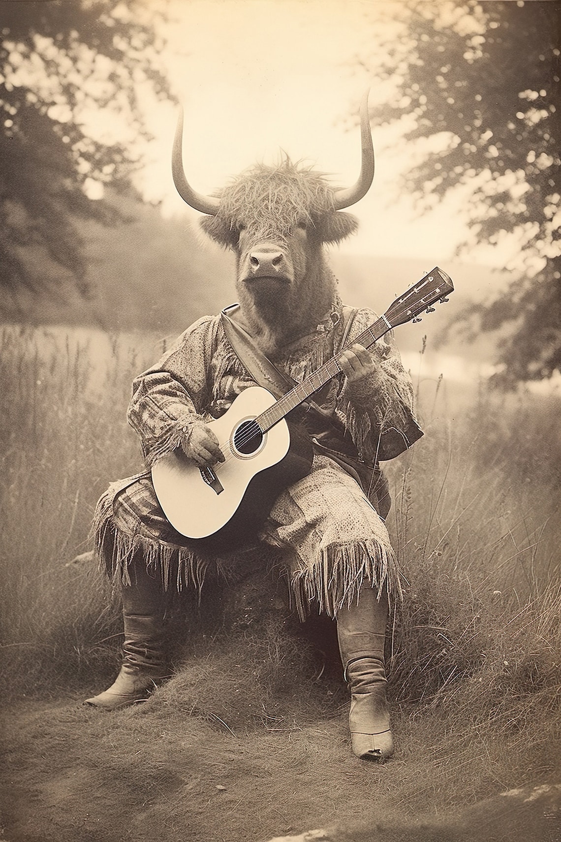 Highland Cow In Fringe Jacket Playing Guitar Sepia Field Vintage Print