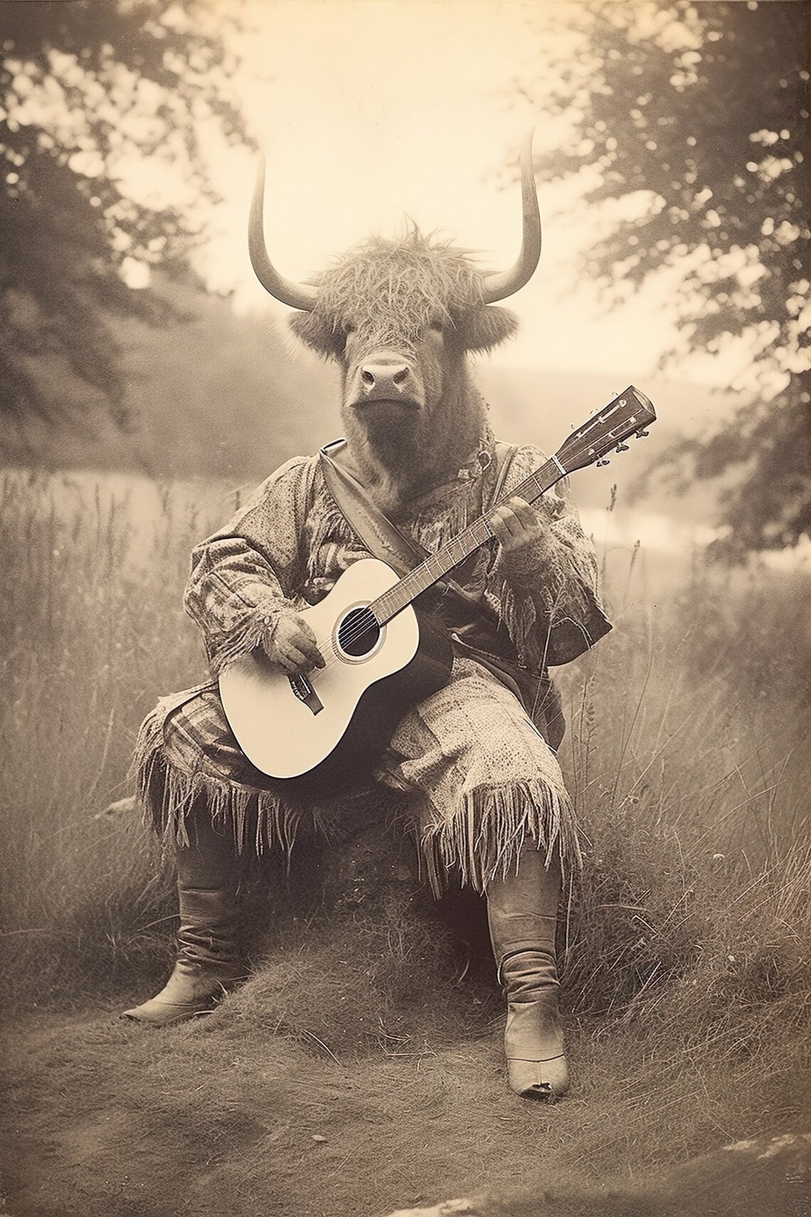 Highland Cow Playing Guitar Funny Vintage Animal Print Cow Photograph Retro Cow Humor Vintage Wall Art Home Decor Ai Art