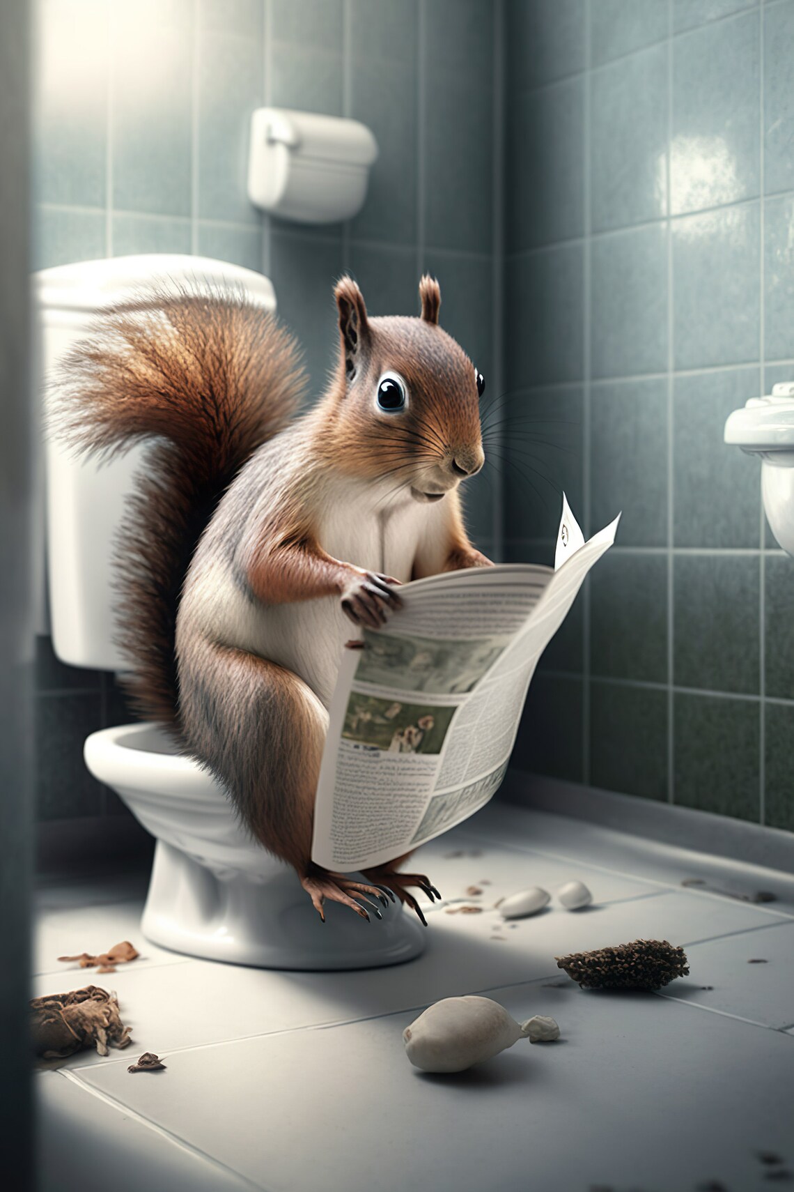 Squirrel Sitting On The Toilet, Funny Bathroom Humor Art Print