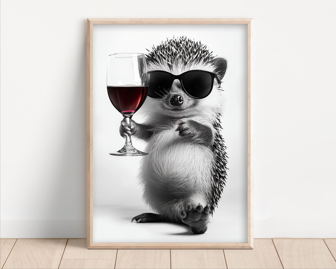 Hedgehog Drinking Red Wine Funny Kitchen Art Print