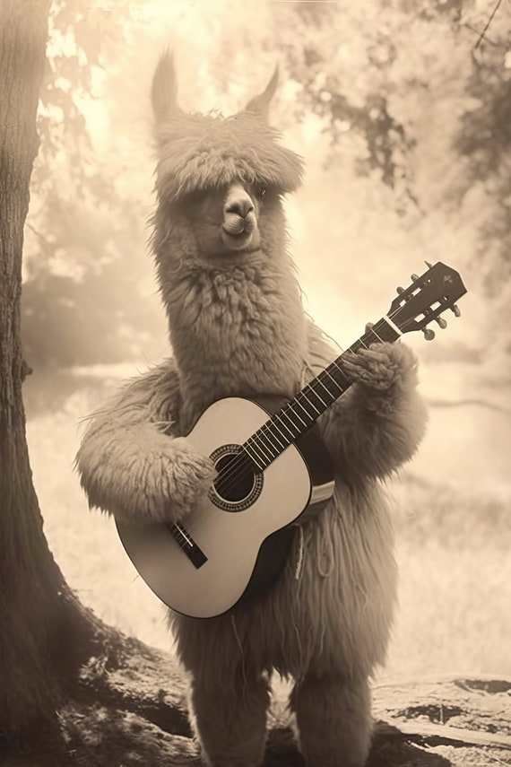 Alpaca Playing Guitar Funny Vintage Animal Print Alpaca Photograph Retro Alpaca Humor Vintage Wall Art Home Decor Ai Art