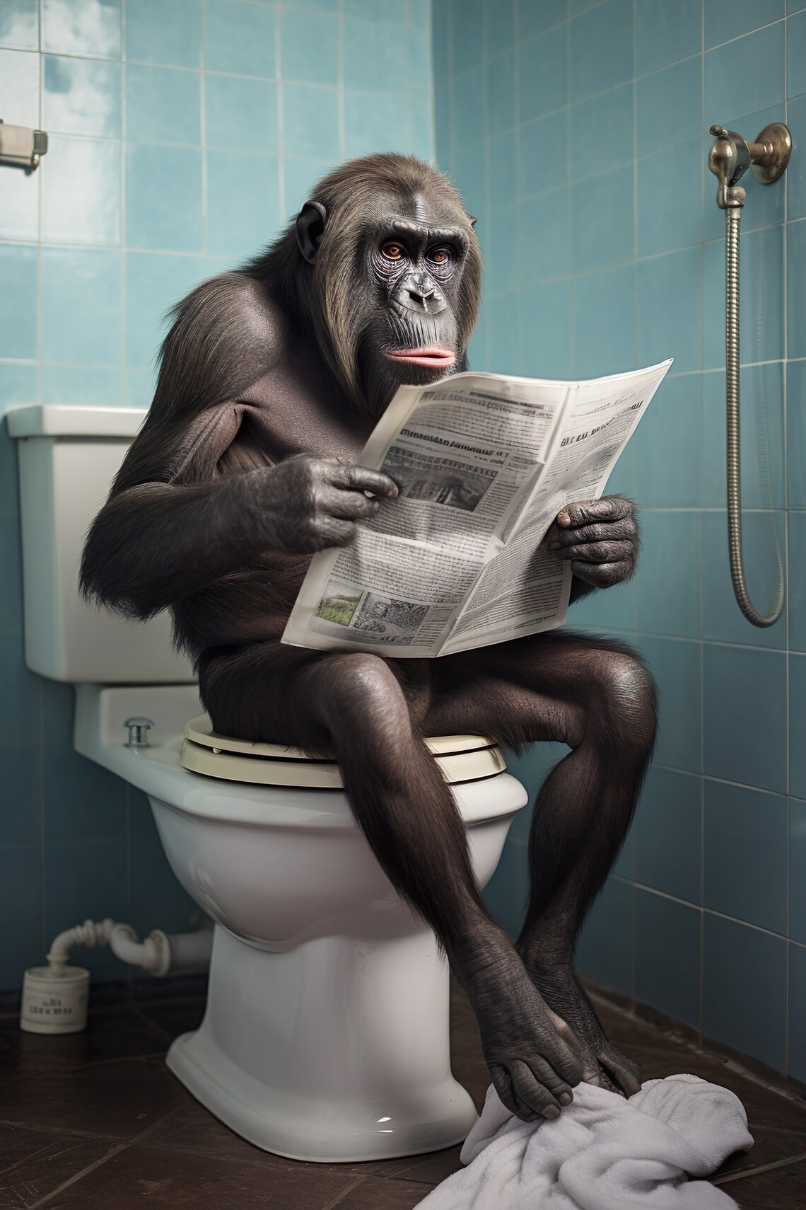 Calm Bonobo Reading Newspaper on Toilet Funny Bathroom Poster