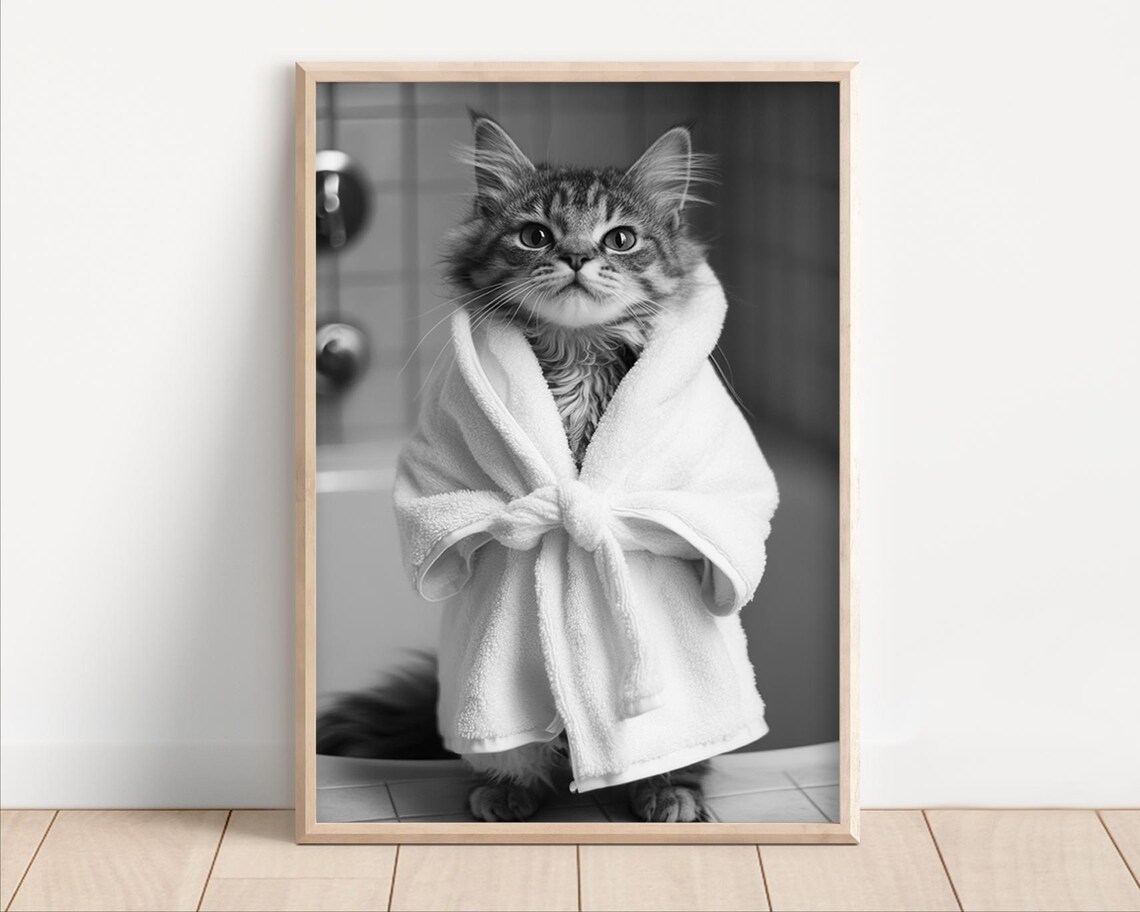 Cat In A Bathrobe Funny Retro Bathroom Art Print