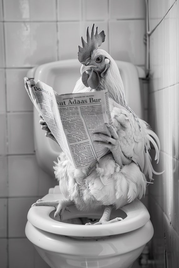Chicken Sitting On The Toilet Reading A Newspaper Funny Bathroom Wall Art Funny Vintage Style Animal Photo Animal Print Ai Art