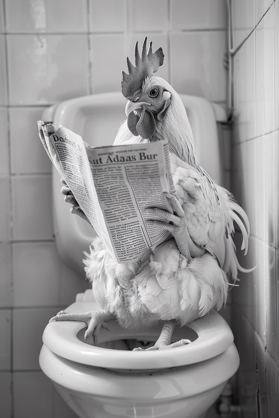 Chicken Reading Newspaper on Toilet Funny Bathroom Humor Poster