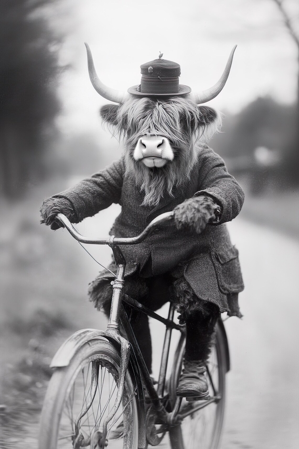 Highland Cow Riding Bicycle Vintage Hat Funny Animal Photo Poster