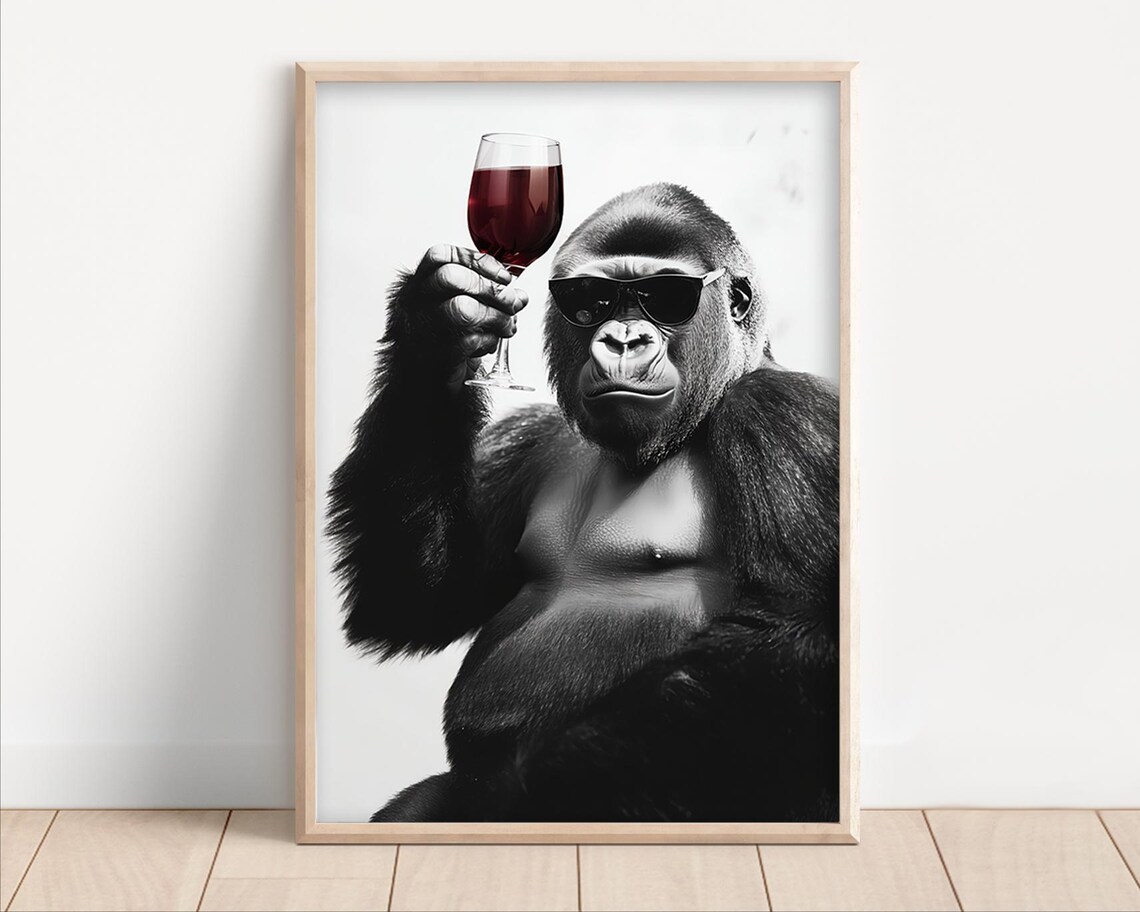 Gorilla Drinking Red Wine Funny Kitchen Art Print