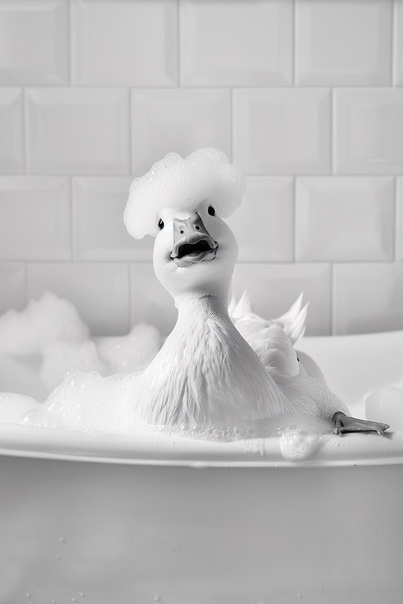 Duck In The Bathtub Funny Animal Photograph Duck Taking A Bubble Bath Ai Animal Print Funny Bathroom Wall Art Home