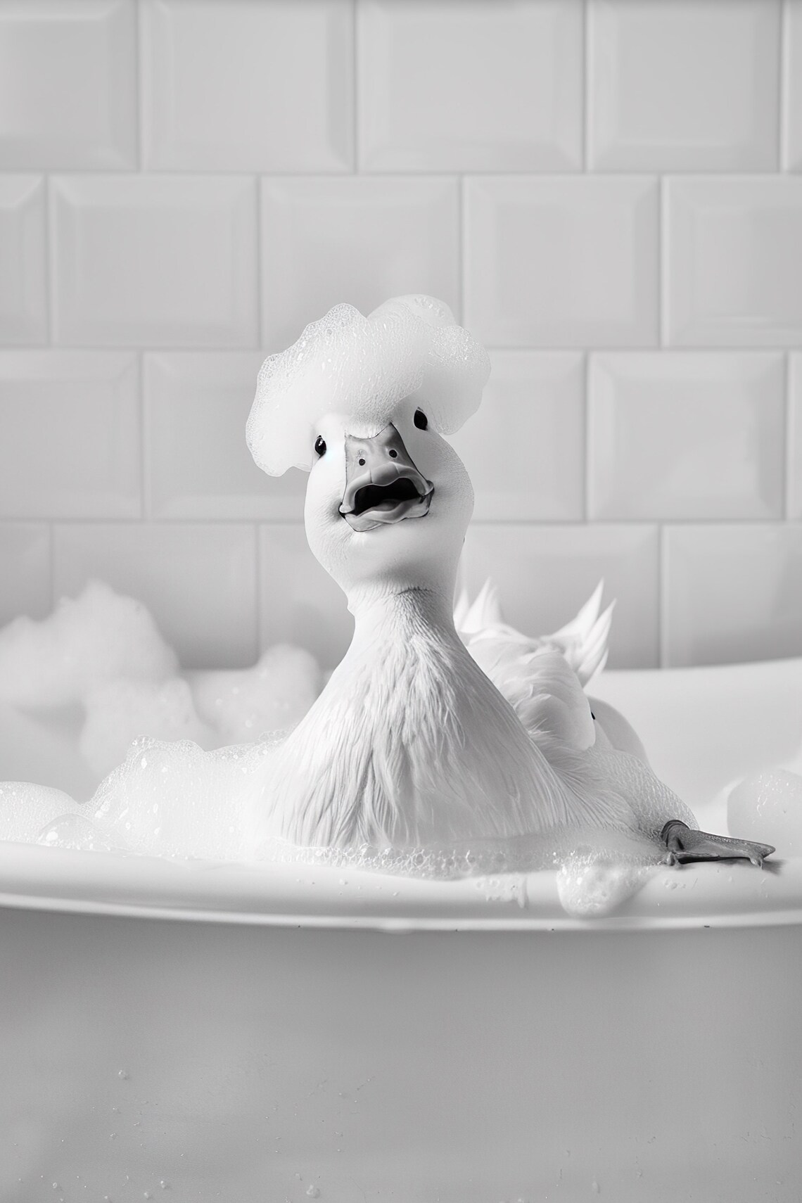 Duck With Foam Hair Bubble Bath Black And White Bathroom Humor Poster
