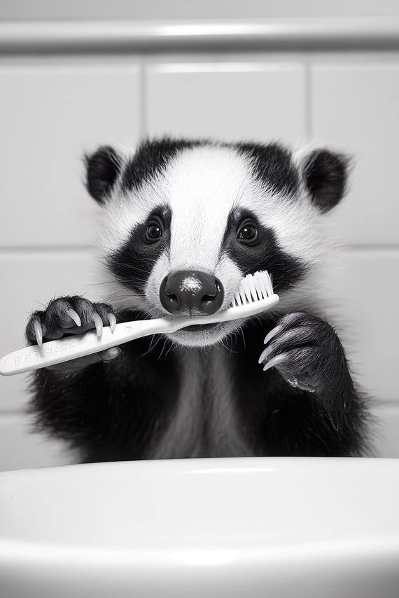 Badger Brushing Teeth Funny Bathroom Wall Art Bathroom Art Vintage Style Animal Photo Cute Badger Humor Print Ai Art