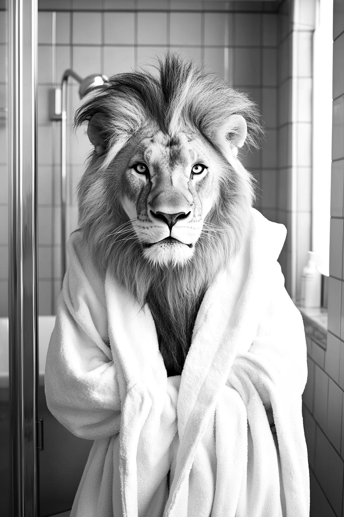 Lion In Bathrobe Framed Black And White Bathroom Humor Animal Poster - Image 2