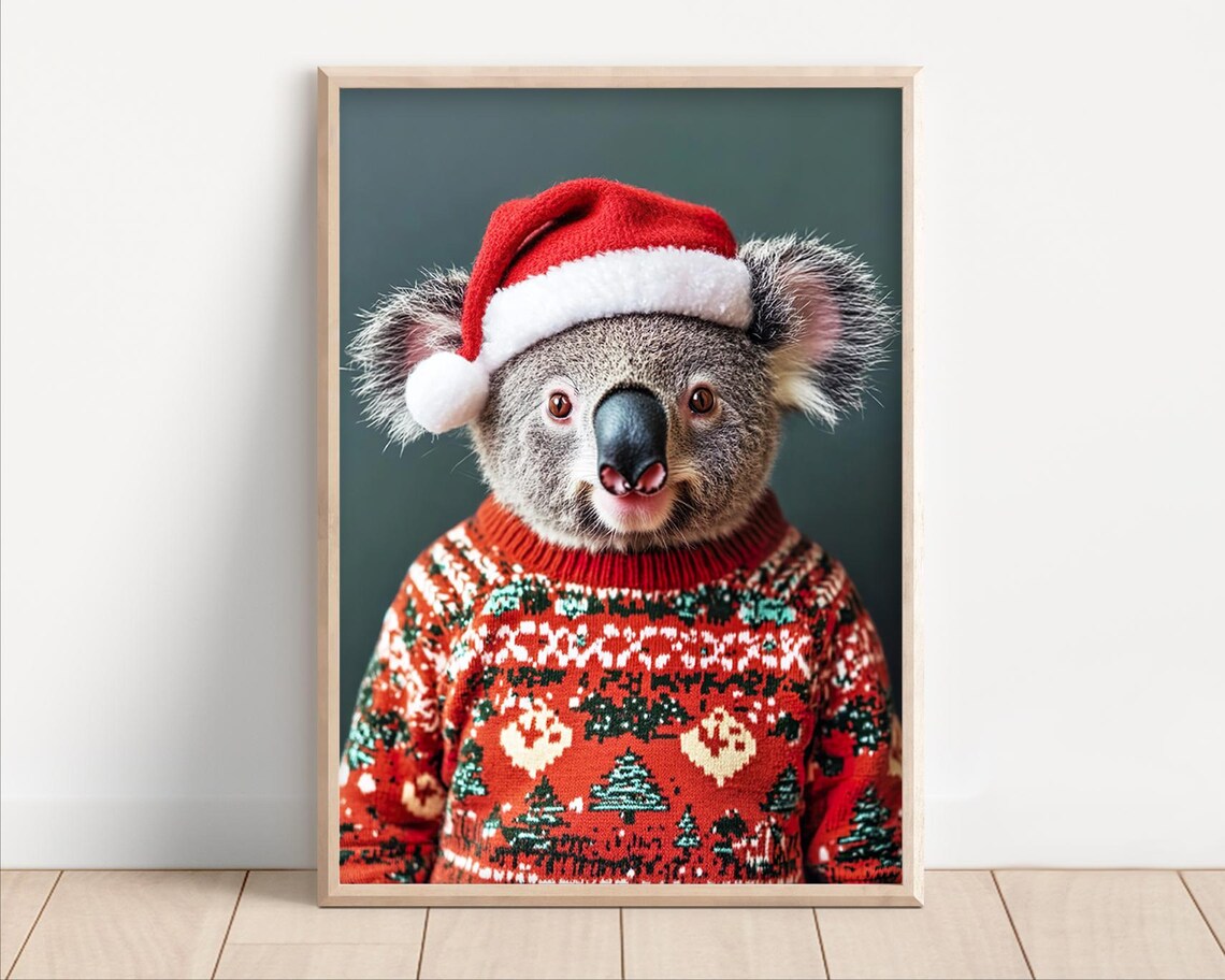 Koala in Santa Hat and Christmas Sweater Cute Winter Holiday Animal Poster