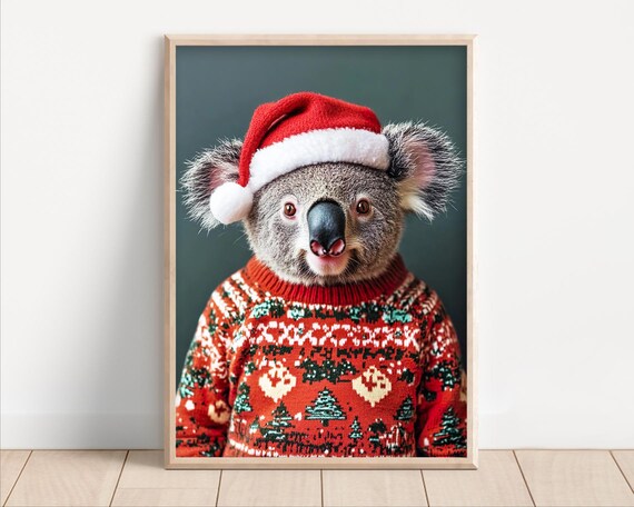 Koala in Santa Hat and Christmas Sweater Cute Winter Holiday Animal Poster