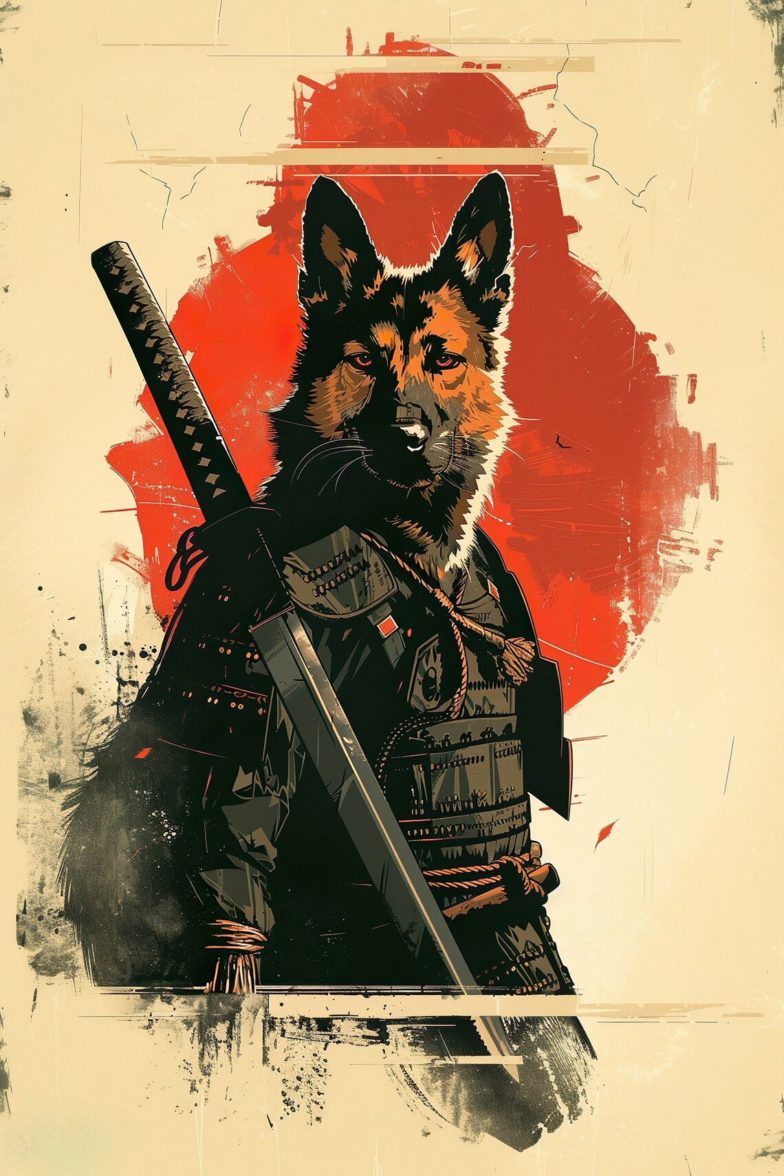 Samurai Dog Warrior Katana Red Sun Retro Japanese Art Poster