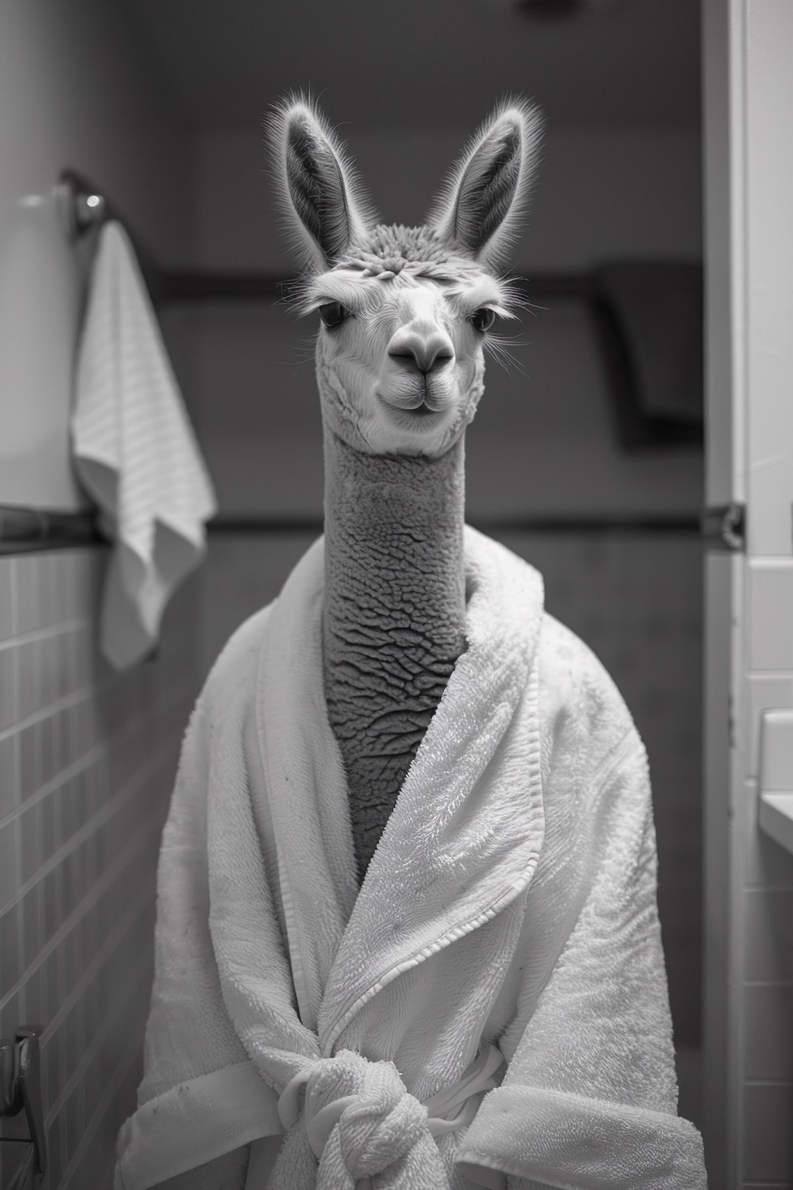 Alpaca In Bathrobe Black And White Bathroom Humor Animal Poster