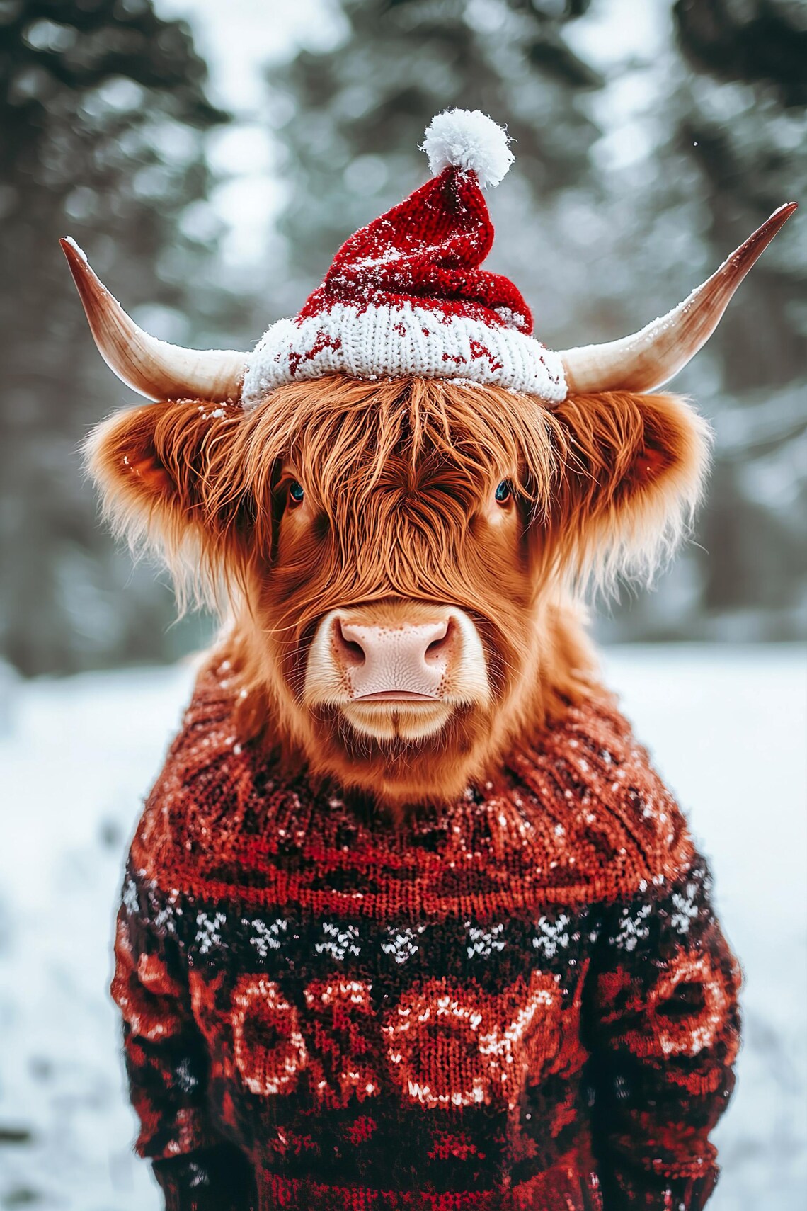 Cute Christmas Highland Cow Retro Winter Animals Art Print - Image 2