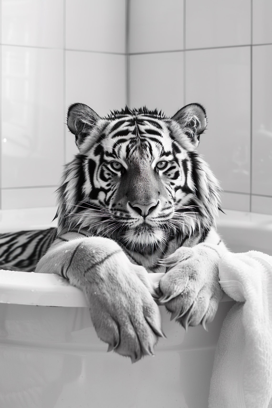 Tiger Bubble Bath Paws Funny Black And White Bathroom Animal Poster
