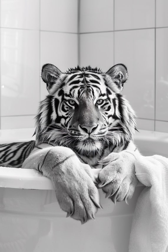 Tiger In The Bathtub Funny Animal Photograph Tiger Taking A Bubble Bath Ai Animal Print Funny Bathroom Wall Art Home