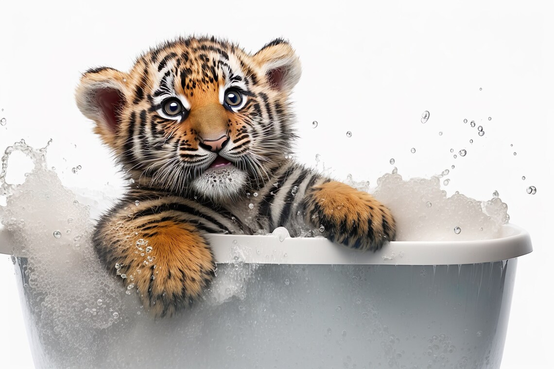 Cute Baby Tiger In The Bathtub, Bathroom Wall Print