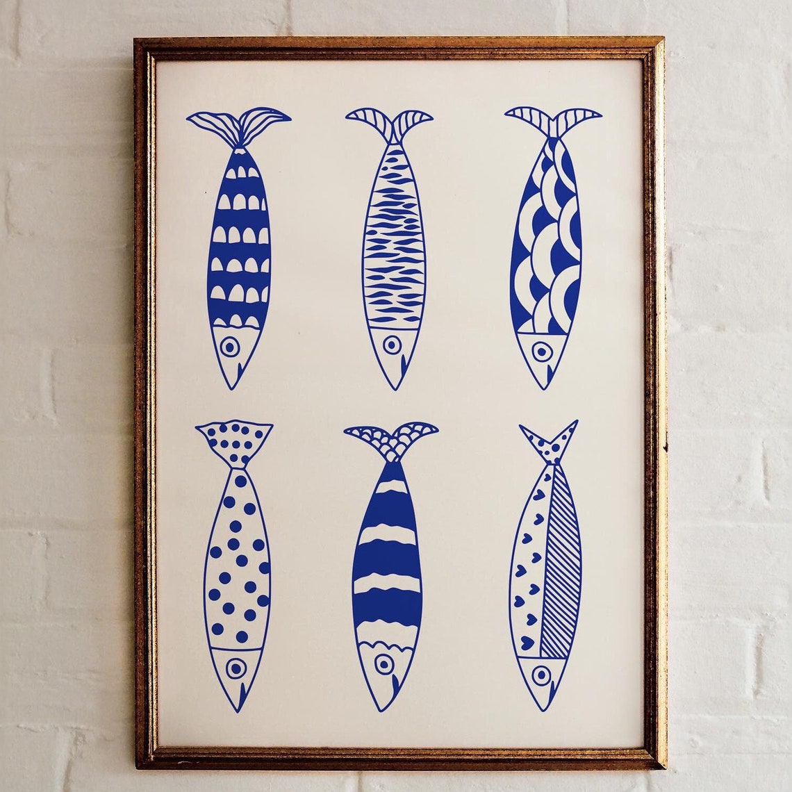 Six Patterned Sardine Art Print Blue Fish Kitchen Nautical Wall Art - Image 2