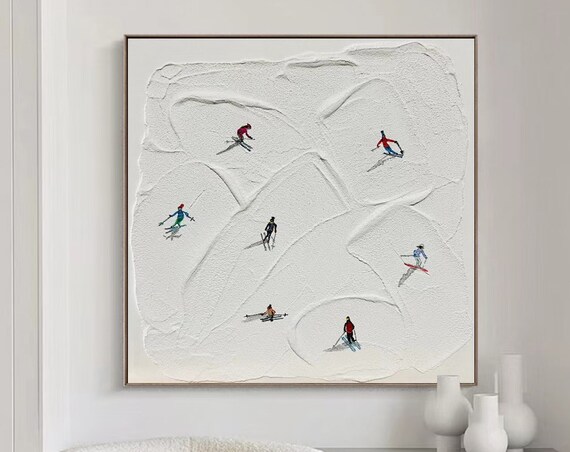 Original Painting Textured Wall Art Ski Sport Painting Custom Art White Painting Personalized Gift Skier On Snowy Mountain Art Decor