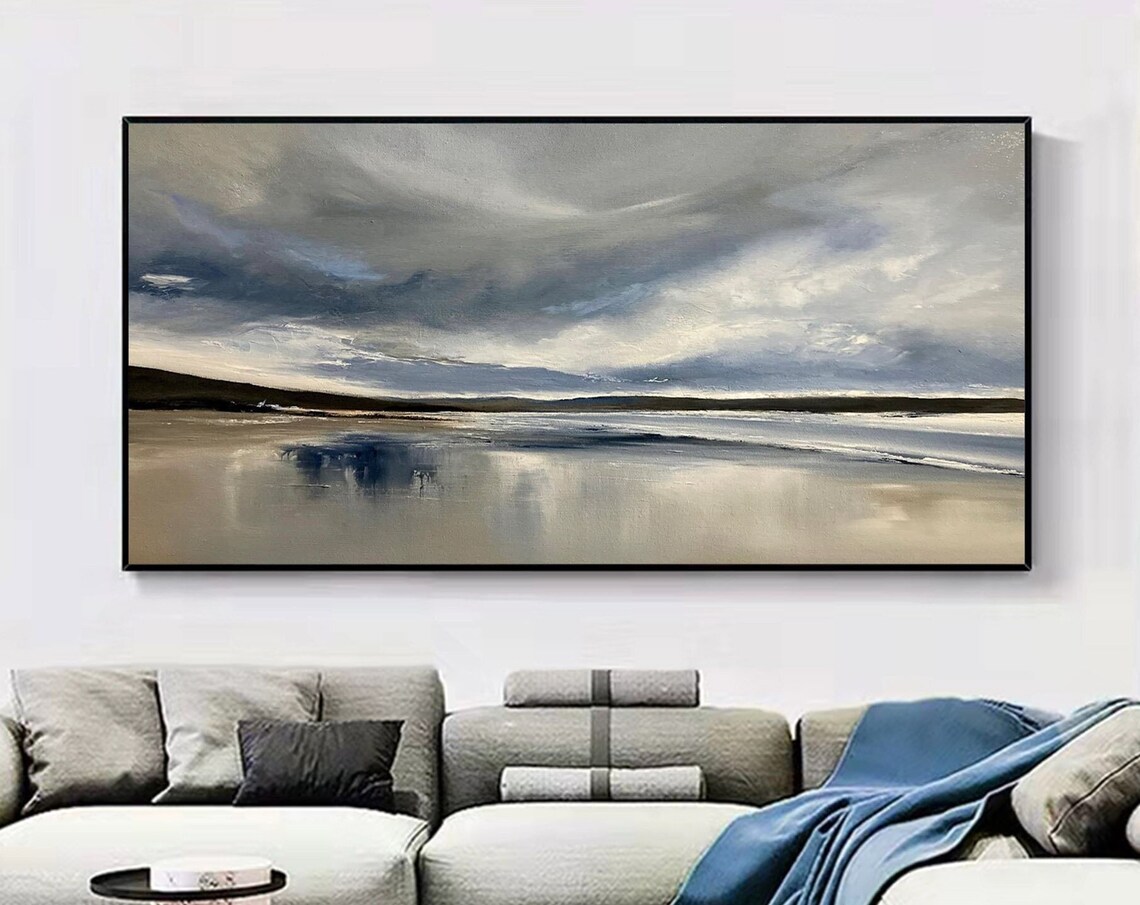 Grey Cloudy Beach Seascape Moody Shore Reflection Panoramic Wall Poster