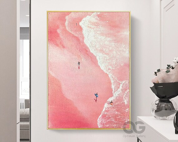 Pink Sand Beach White Foam Wave Tiny Surfers Vertical Art Poster