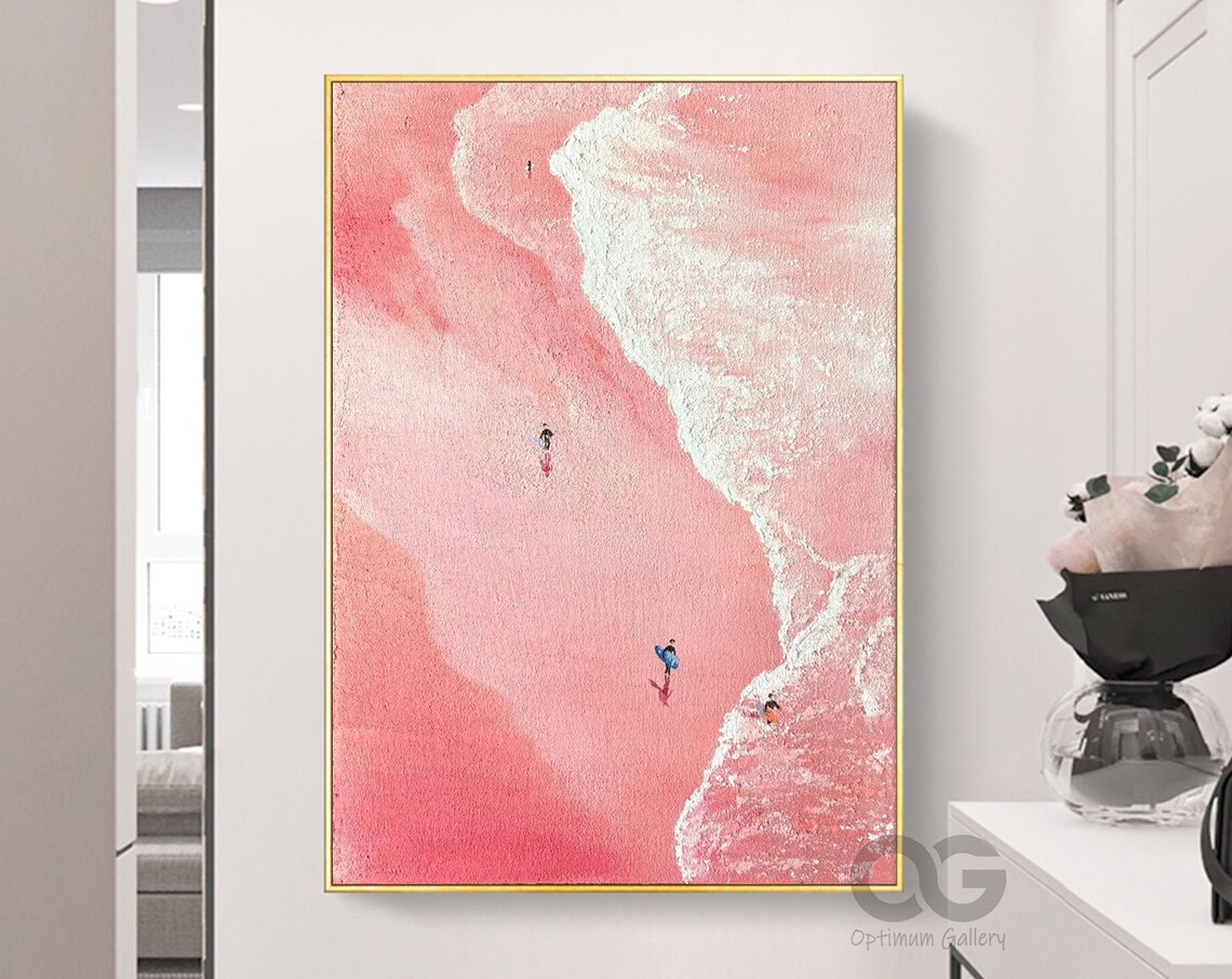 Pink Sand Beach White Foam Wave Tiny Surfers Vertical Art Poster